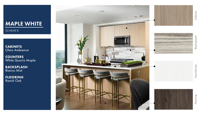 Chic kitchen interior featuring Maple White Scheme B with Olmo Ambience cabinets, White Quartz Maple counters, and Bianco Mist backsplash, set against Ranch Oak flooring.