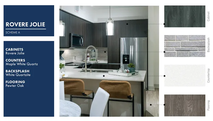 Chic modern kitchen showcasing Rovere Jolie cabinets, Maple White Quartz counters, White Quartzite backsplash, and Pewter Oak flooring.