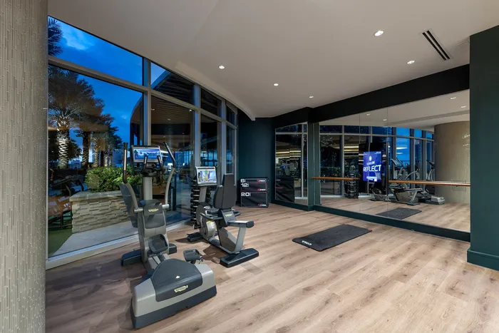 Luxurious fitness center with sleek equipment, mirrored walls, and large windows offering scenic evening views.