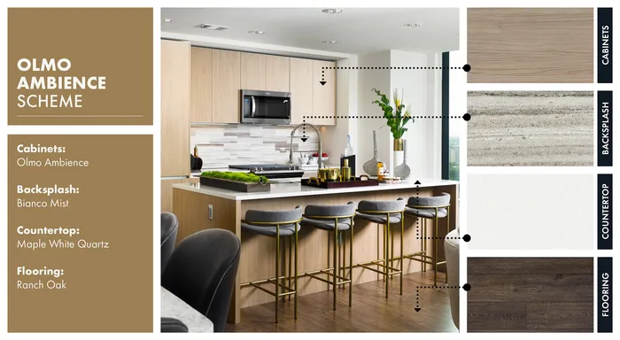 Modern kitchen design featuring Olmo Ambience cabinets, Bianco Mist backsplash, and a Maple White Quartz countertop with elegant bar seating and Ranch Oak flooring.