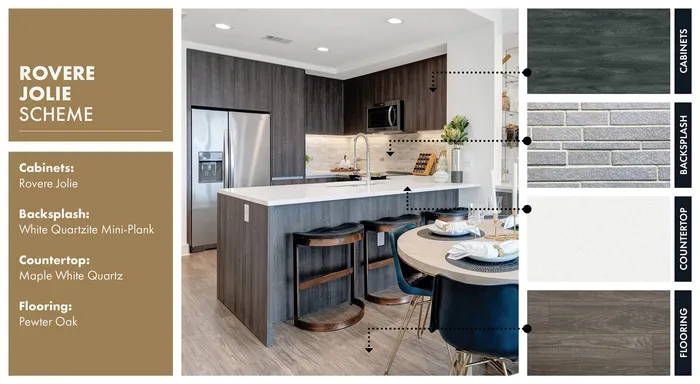 Modern kitchen design featuring Rovre Jolie cabinets, sleek White Quartzite Mini-Plank backsplash, Maple White Quartz countertops, and elegant Pewter Oak flooring.