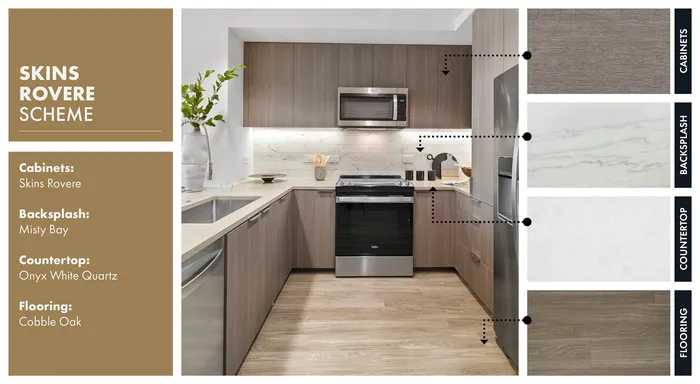 Elegant kitchen design featuring Skins Rovere cabinets, Misty Bay backsplash, Onyx White Quartz countertops, and Cobble Oak flooring.
