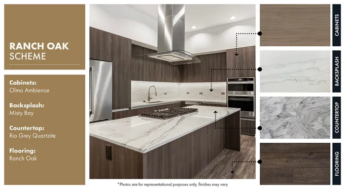 Elegant kitchen design with Ranch Oak scheme showcasing Olmo Ambience cabinets, Misty Bay backsplash, Rio Grey Quartzite countertop, and Ranch Oak flooring for a sophisticated style.