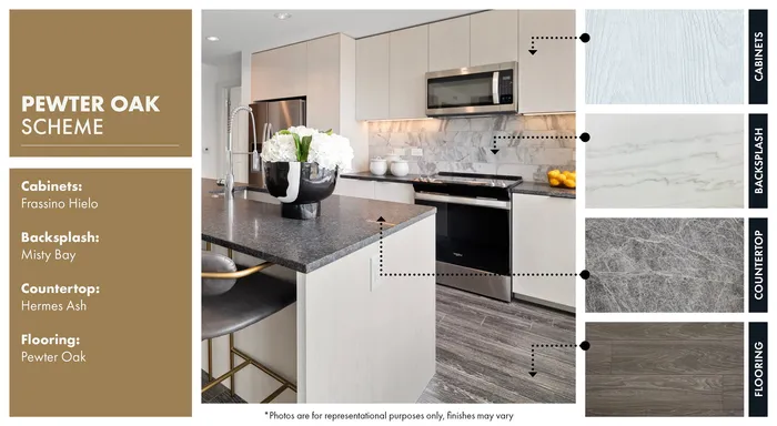 Contemporary kitchen design showcasing the Pewter Oak Scheme with Frassino Hielo cabinets, Misty Bay backsplash, Hermes Ash countertop, and elegant Pewter Oak flooring.