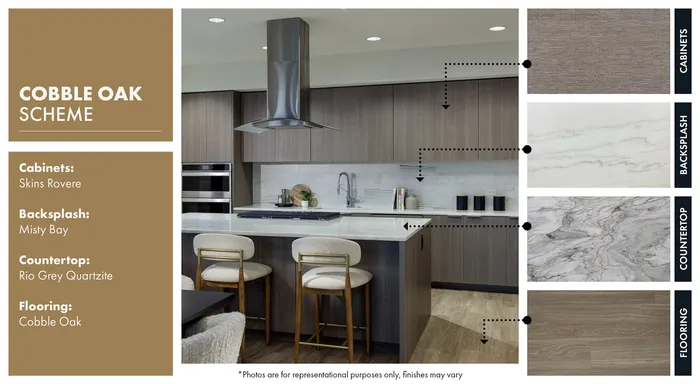 Elegant kitchen design showcasing the Cobble Oak scheme with Skins Rovere cabinets, Misty Bay backsplash, Rio Grey Quartzite countertop, and Cobble Oak flooring.
