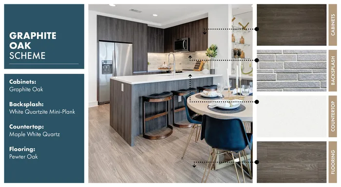 Sophisticated kitchen design featuring Graphite Oak cabinets, White Quartzite Mini-Plank backsplash, and Maple White Quartz countertop, complemented by Pewter Oak flooring.