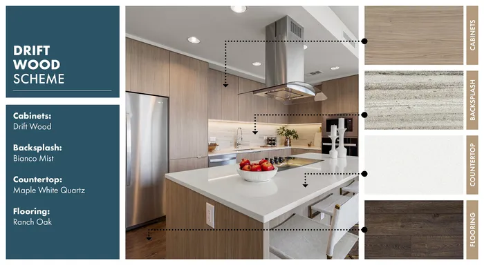 Elegant kitchen showcasing Drift Wood cabinets, Bianco Mist backsplash, and Maple White Quartz countertop, paired with Ranch Oak flooring.