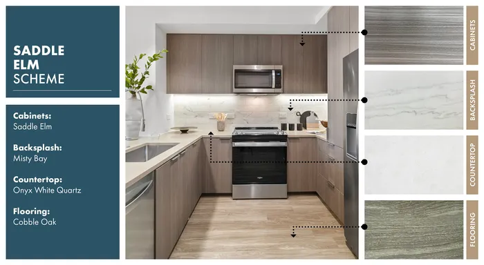 Modern kitchen design with Saddle Elm cabinets, Misty Bay backsplash, and Onyx White Quartz countertops, enhanced by Cobble Oak flooring.