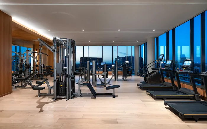 Luxurious apartment gym with state-of-the-art fitness equipment, large windows, and a stunning city view backdrop.