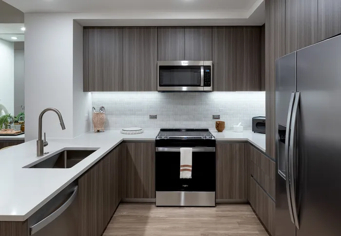 Modern kitchen with sleek cabinetry, stainless steel appliances, and elegant lighting creating a sophisticated ambiance.