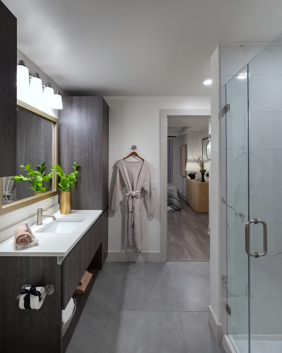 Elegant modern bathroom with glass shower, dark wood cabinetry, and sleek fixtures adjacent to a cozy bedroom.