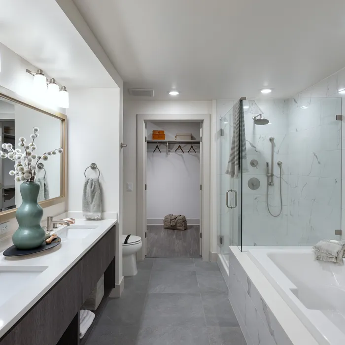Luxurious bathroom with marble-tiled shower, dual sinks, and elegant decor leading to a spacious walk-in closet.