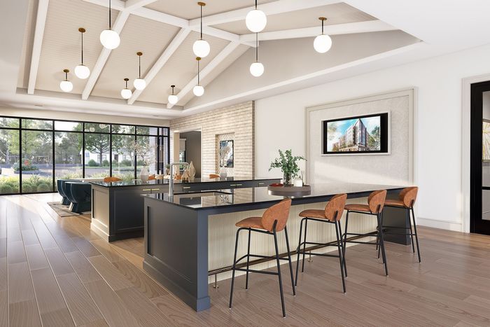 Elegant and modern communal kitchen area with high ceilings, stylish pendant lighting, and floor-to-ceiling windows offering a sunny view of the outdoors.
