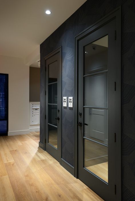 Modern hallway with elegant dark glass doors and sleek wood flooring.