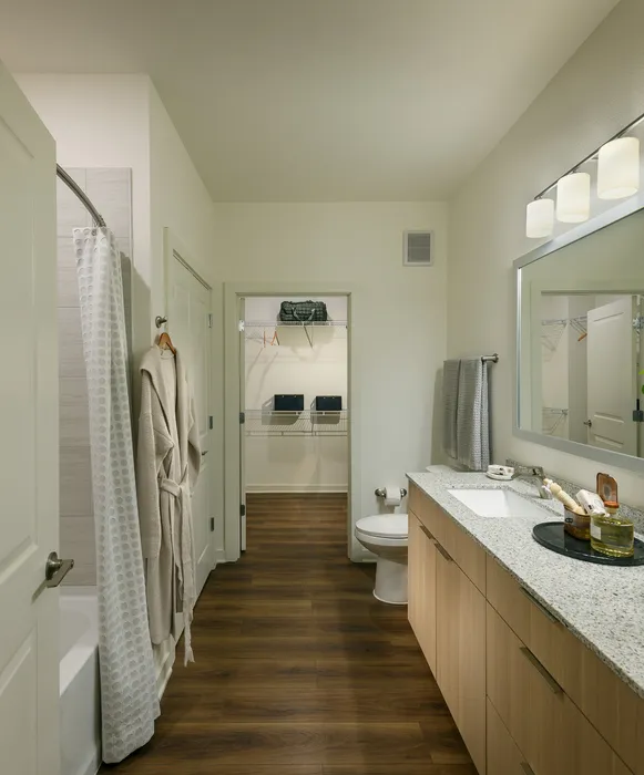 Elegant bathroom featuring sleek granite countertops, warm wooden floors, and modern lighting fixtures, leading to a spacious walk-in closet.