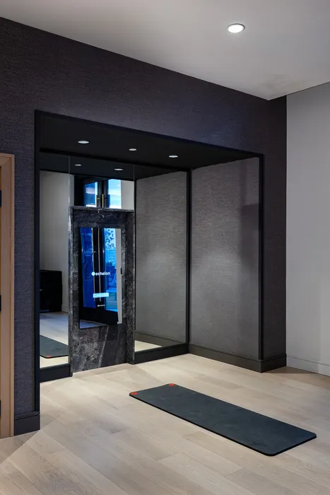 Contemporary apartment fitness area with sleek wall mirrors, exercise mat, and elegant dark wood flooring, perfect for a home workout.