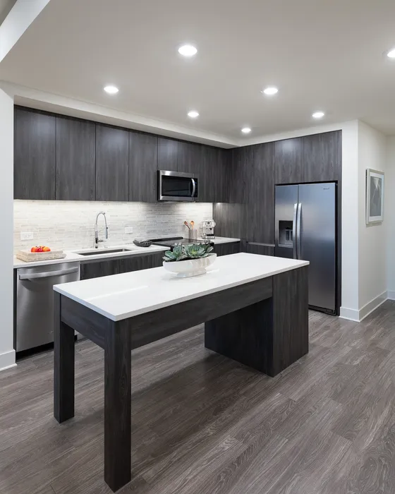 Modern kitchen with sleek dark cabinetry, stainless steel appliances, and a stylish white island centerpiece.