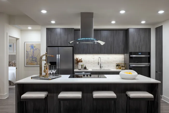 Modern kitchen with sleek dark cabinetry, stainless steel appliances, and an elegant island with comfortable seating.