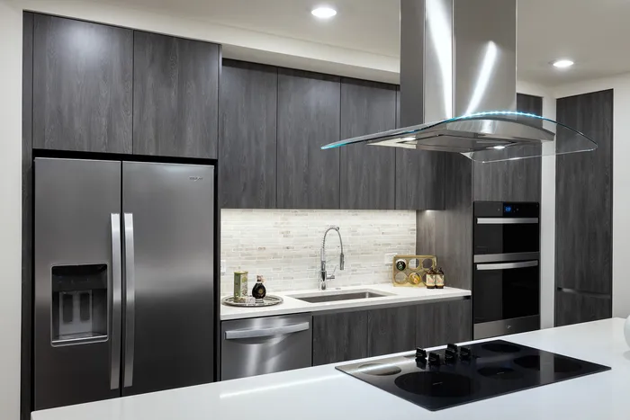Modern kitchen with sleek appliances, dark wood cabinetry, and elegant backsplash.