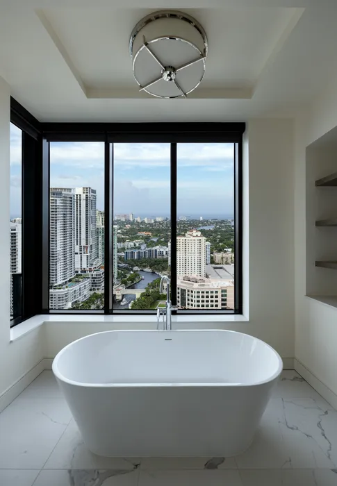 Luxurious bathroom featuring a modern freestanding bathtub with stunning cityscape views through expansive floor-to-ceiling windows.