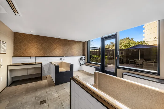 Contemporary pet wash station with elegant fixtures and outdoor seating view, designed for convenience and style.