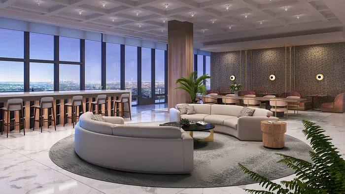 Luxurious penthouse lounge boasting panoramic city views, sleek marble flooring, and elegant seating areas for sophisticated entertaining.