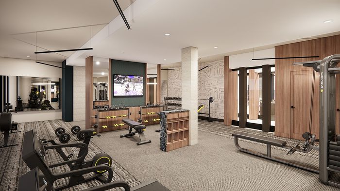 Modern apartment gym interior featuring state-of-the-art equipment, stylish decor, and media display for an enhanced workout experience.