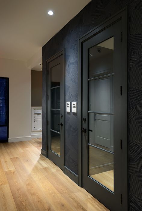 Contemporary hallway featuring elegant glass-paneled doors and stylish wood flooring, perfect for modern apartment living.