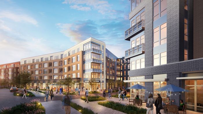 Vibrant urban community scene with modern apartments, lively pedestrian walkways, and outdoor cafes under a bright sky.