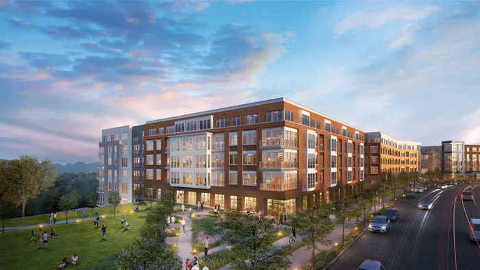 Modern apartment complex with vibrant exterior showcasing spacious balconies and scenic park views, ideal for urban living.