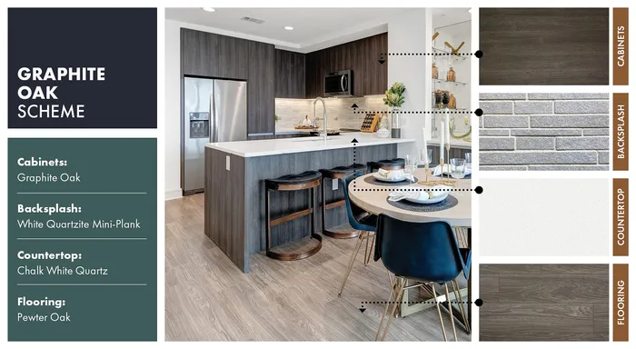 Modern kitchen layout with Graphite Oak cabinets, White Quartzite Mini-Plank backsplash, and Chalk White Quartz countertop. Features Pewter Oak flooring, enhancing the sophisticated Graphite Oak scheme.