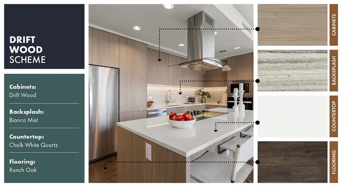 Elegant kitchen design featuring Drift Wood cabinets, Bianco Mist backsplash, and Chalk White Quartz countertop. Modern island setup with stylish Ranch Oak flooring completes the Drift Wood Scheme.