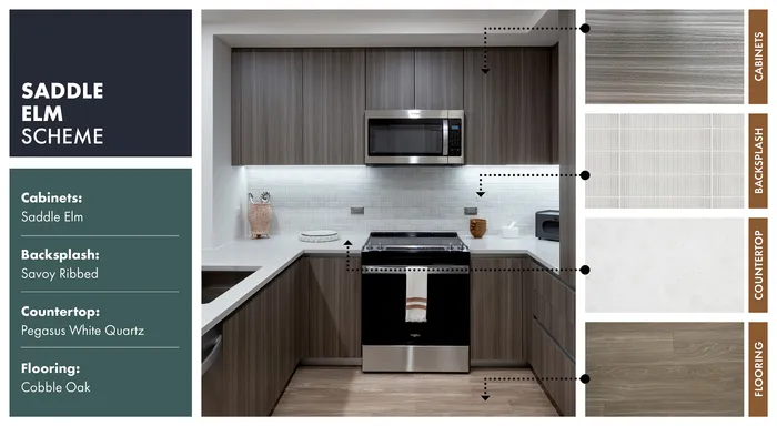 Sleek modern kitchen with Saddle Elm cabinets, Savoy Ribbed backsplash, Pegasus White Quartz countertop, and Cobble Oak flooring.