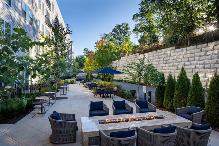 Chic outdoor patio with elegant seating, fire pit, and lush greenery creates a serene retreat at a modern apartment complex.