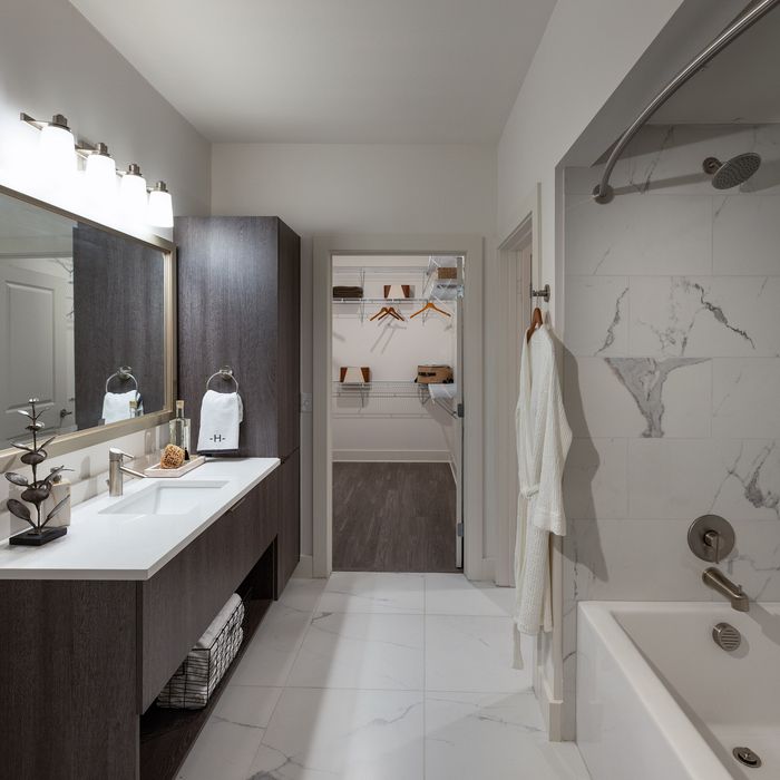 Luxurious bathroom with elegant vanity and spacious walk-in closet, featuring modern fixtures and stunning tiled shower.