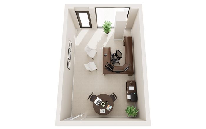 Modern home office floor plan featuring a sleek L-shaped desk, comfortable seating area, and natural light from large windows.