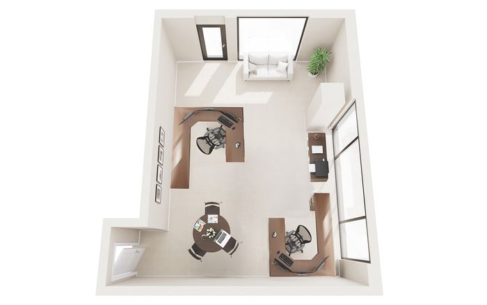 Modern office layout with sleek desks, ergonomic chairs, and large windows for natural light.