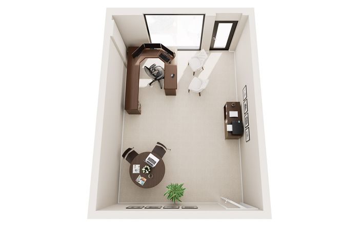 Modern office space with elegant corner desk, comfortable seating, and large window for natural light.