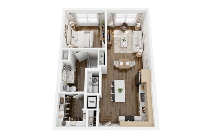 Modern apartment floor plan featuring 1 bedroom, open living and dining area, stylish kitchen with island, and a cozy bathroom.
