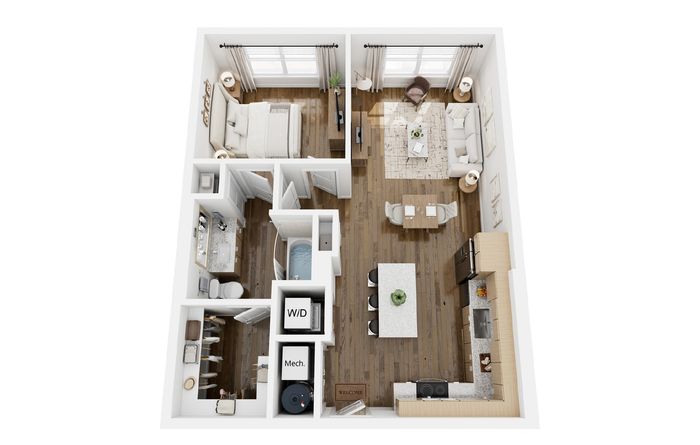 Modern 3D floor plan featuring a cozy bedroom, spacious open-concept living and dining area, stylish kitchen with island, and a bathroom. Includes in-unit washer/dryer and mechanical closet.