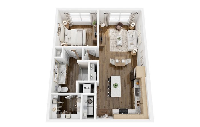 Chic 3D floor plan featuring a single bedroom, modern open-plan kitchen, and inviting living-dining area with warm wooden floors.