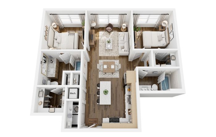 Chic 3D floor plan showcasing a modern three-bedroom apartment with an open-concept living and dining area, stylish kitchen, and two bathrooms.