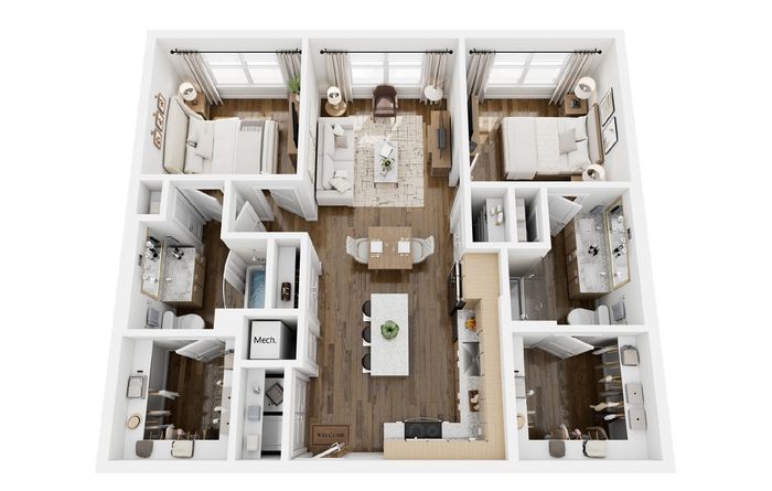 Elegant 3D floor plan showcasing two cozy bedrooms, a stylish living area, modern kitchen with island, and two contemporary bathrooms.