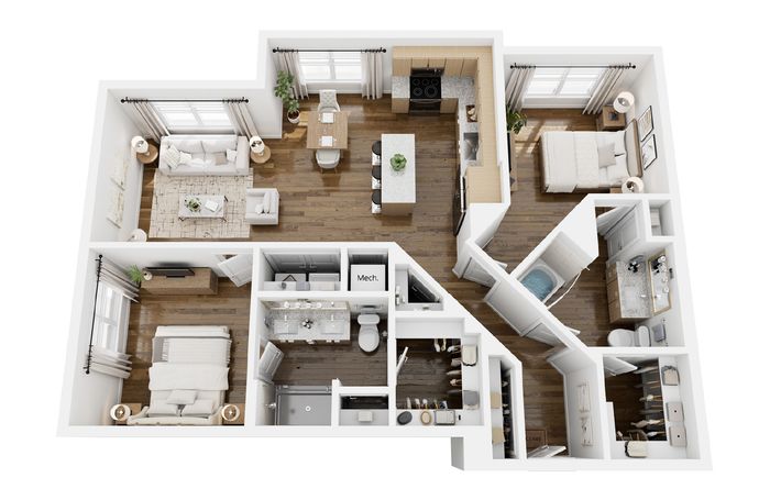 Bright and modern 3D floor plan showcasing 2 bedrooms, an inviting open-concept living area, and a sleek kitchen with island seating, perfect for entertaining.