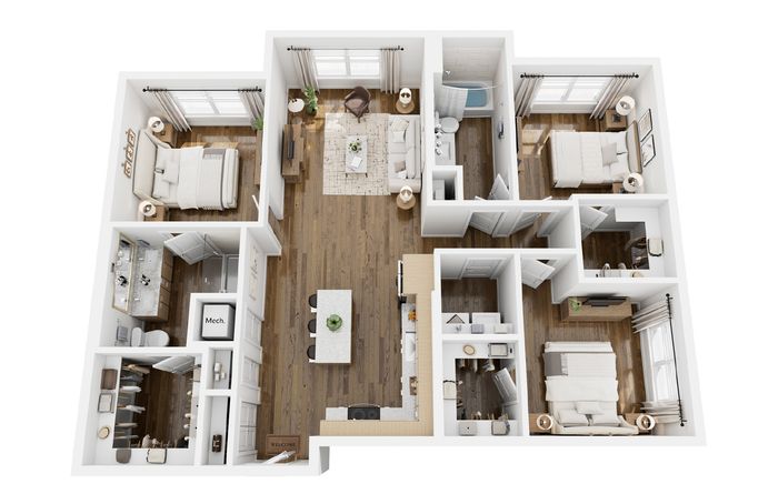 Contemporary 3-bedroom apartment floor plan showcasing a spacious layout with elegant wood flooring, open-concept living and dining areas, modern kitchen, and luxurious bathrooms.