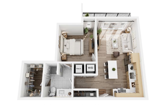 Chic 3D apartment layout showcasing a cozy bedroom, modern kitchen with island seating, and inviting living area with balcony access.