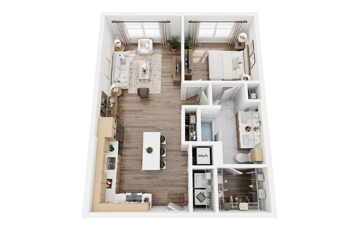 Elegant apartment floor plan showcasing 1 bedroom, a modern open-concept living room, and a stylish kitchen with breakfast bar.