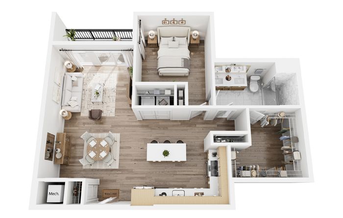 Chic open-plan apartment with a cozy bedroom, modern kitchen, stylish living area, and spacious bathroom. Features elegant wooden flooring and ample natural light.