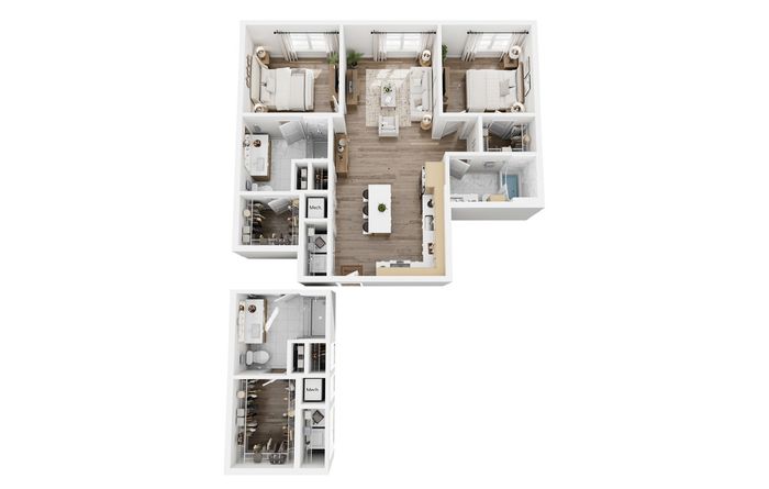Modern 3D floor plan showcasing 3 bedrooms, a stylish open living area, and sleek kitchen layout.