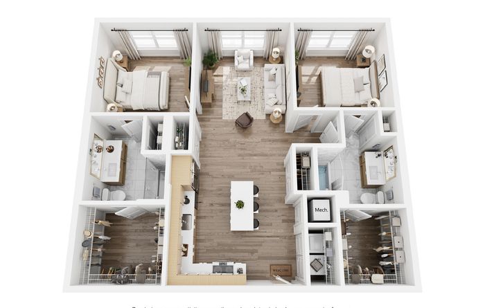 Modern 3D floor plan showcasing a chic apartment with two bedrooms, a spacious living area, a contemporary kitchen with an island, and two stylish bathrooms.